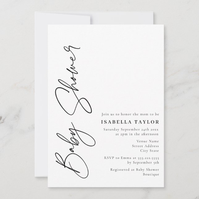 Modern Minimalist Script Black White Baby Shower Invitation (Front)