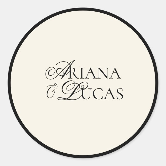 Modern Minimalist Script Black & White Wedding Classic Round Sticker (Front)