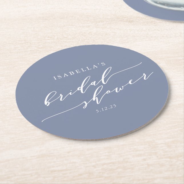 Modern Minimalist Script Blue Bridal Shower Custom Round Paper Coaster (Angled)
