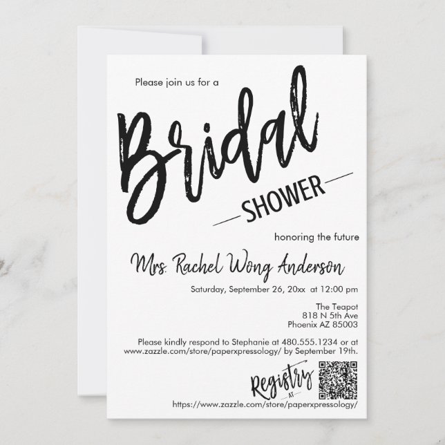 Modern Minimalist Script Bridal Shower QR Code Invitation (Front)