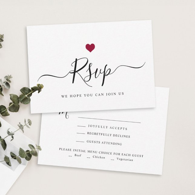 Modern Minimalist Script Chic Red Wedding RSVP Card (Creator Uploaded)