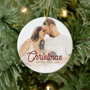 Modern Minimalist Script Christmas Family Photo Ceramic Ornament