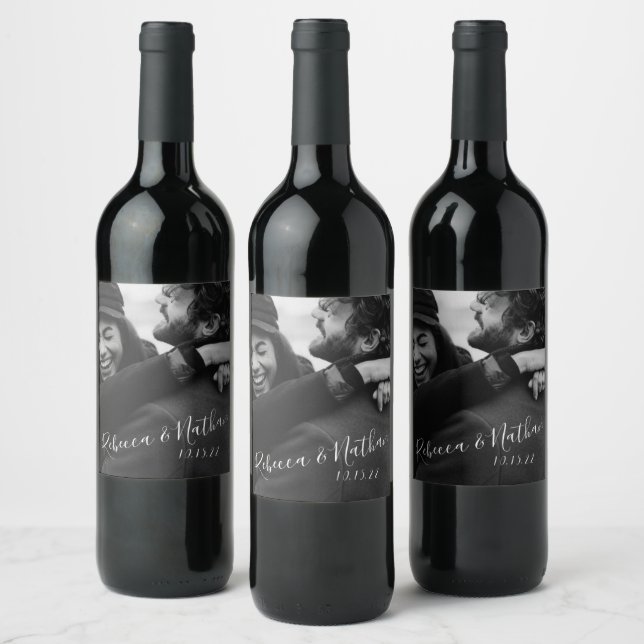 Modern Minimalist Script Custom Photo Wedding  Wine Label (Bottles)