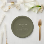 Modern Minimalist Script Custom Wedding Olive Moss Paper Plate<br><div class="desc">These personalised paper plates feature a soft olive green design with clean white typography for a modern, understated table setting. Customise with names and a wedding date to create a cohesive look for cocktail hours, dessert tables, or casual wedding events. A practical yet polished option for engagement parties, rehearsal dinners,...</div>