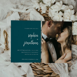 Modern Minimalist Script Deep Teal Photo Back Save The Date