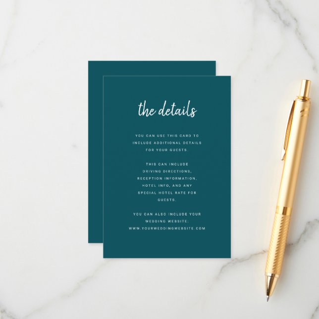 Modern Minimalist Script Deep Teal Wedding Details Enclosure Card (Front/Back In Situ)