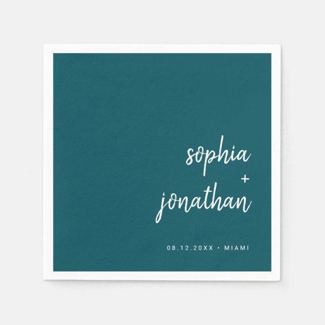 Modern Minimalist Script | Deep Teal Wedding Napkin (Front)
