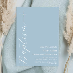 Modern Minimalist Script Dusty Blue Baptism Invitation