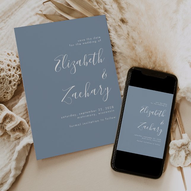 Modern Minimalist Script Dusty Blue Save the Date Announcement (Creator Uploaded)