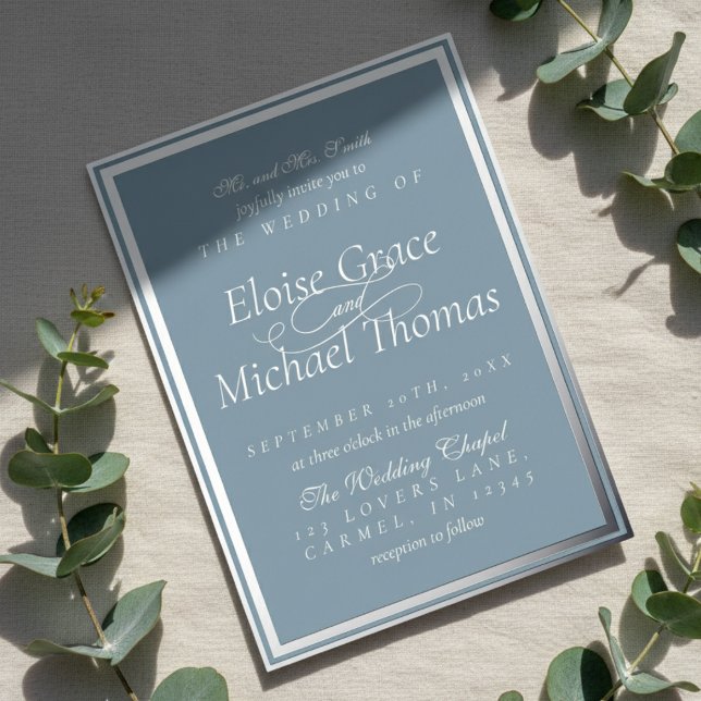 Modern Minimalist Script Dusty Blue Wedding (Announce your special day with this luxurious Real Foil Wedding Invitation! )