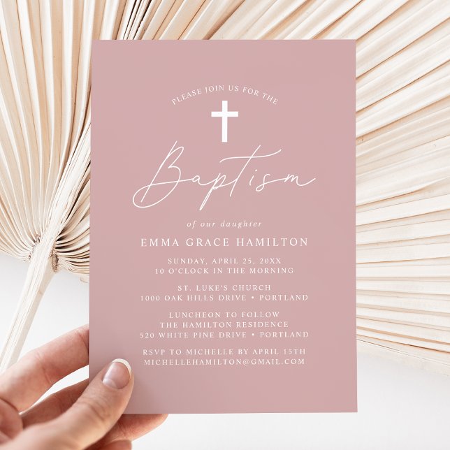 Modern Minimalist Script Dusty Rose Baptism Invitation (Creator Uploaded)