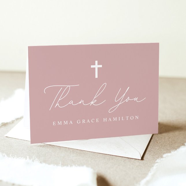 Modern Minimalist Script Dusty Rose Photo Baptism Thank You Card (Creator Uploaded)