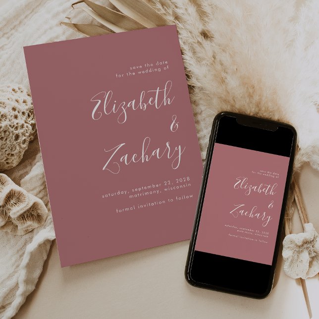 Modern Minimalist Script Dusty Rose Save the Date Announcement (Creator Uploaded)