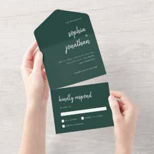 Modern Minimalist Script Emerald Green   Wedding All In One Invitation