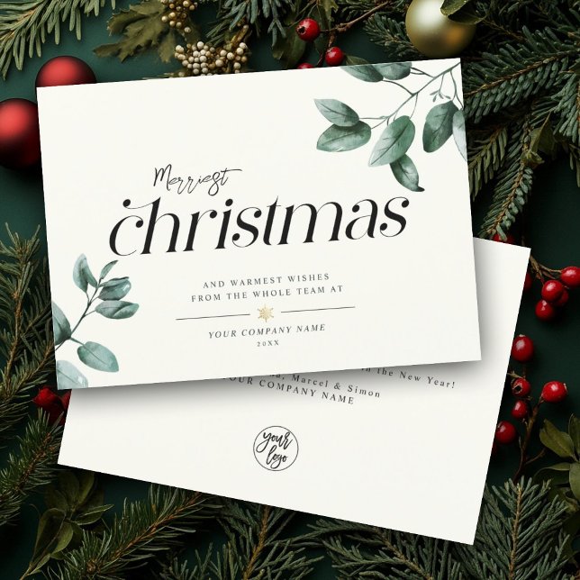 Modern Minimalist Script Eucalyptus Business Logo Holiday Card (Creator Uploaded)