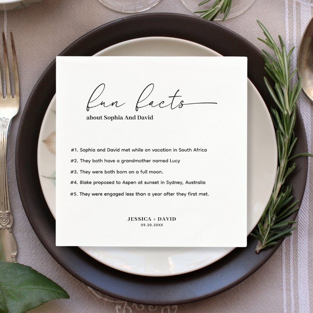 Modern Minimalist Script Fun Facts Wedding  Napkin (Creator Uploaded)