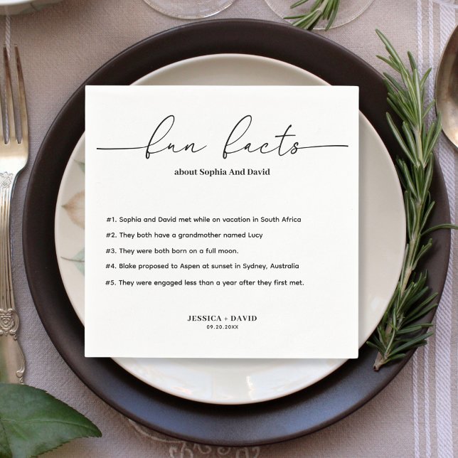 Modern Minimalist Script Fun Facts Wedding  Napkin (Creator Uploaded)