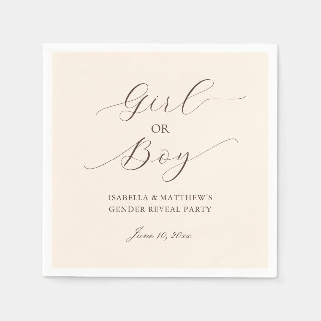 Modern Minimalist Script Gender Reveal Party Beige Napkin (Front)