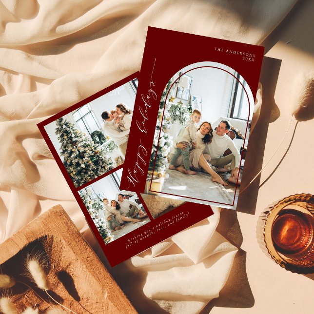 Modern Minimalist Script Happy Holidays Photo Red Holiday Card (Creator Uploaded)