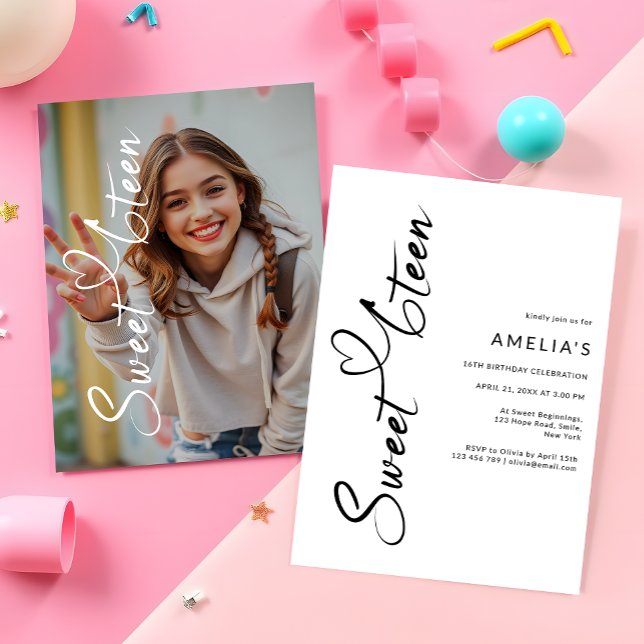 Modern Minimalist Script Heart Sweet 6teen Photo Invitation (Creator Uploaded)