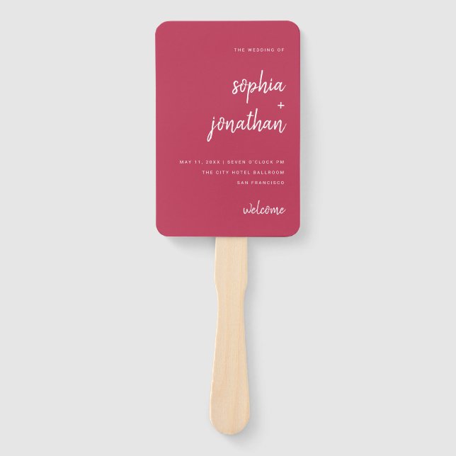 Modern Minimalist Script Magenta Red | Wedding Hand Fan (Front)