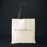 Modern Minimalist Script Maid of Honour Tote Bag<br><div class="desc">This simple tote bag is such a fun gift for your favourite girls! The minimal yet elegant design is perfect for the modern bride. Featuring a handwritten signature script with a simple sans-serif font. Personalise this bag with your maid of honour's name by clicking "Details" next to "Personalise this template,...</div>