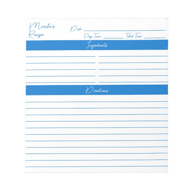 Modern Minimalist Script Medium Blue Recipes Notepad (Front)