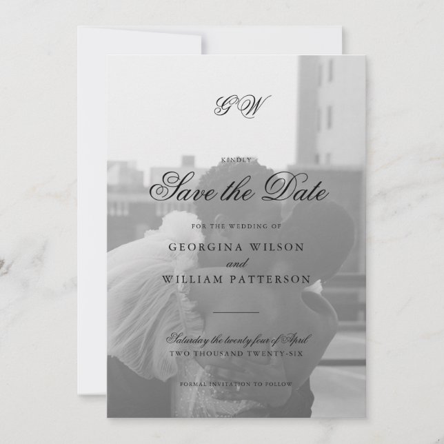 Modern Minimalist Script Monogram Save the Date Invitation (Front)