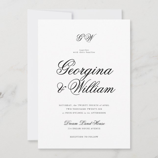 Modern Minimalist Script Monogram Wedding Invitation (Front)
