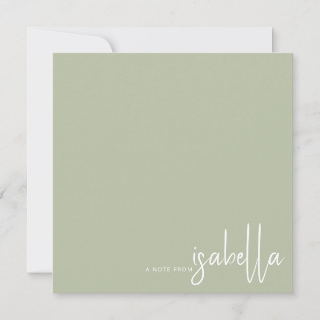 Modern Minimalist Script Name Note From Sage Green Card (Front)