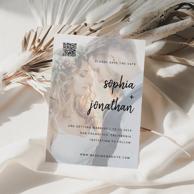 Modern Minimalist Script | Photo and QR Code Save The Date (Creator Uploaded)