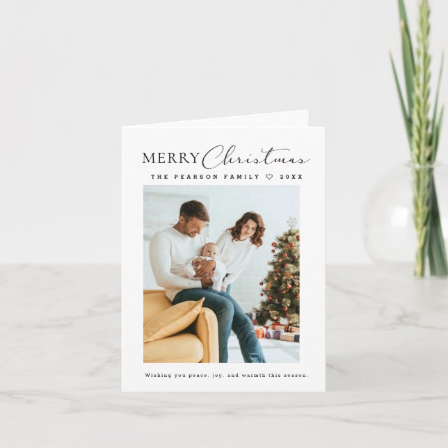 Modern Minimalist Script Photo Merry Christmas  Holiday Card (Front)