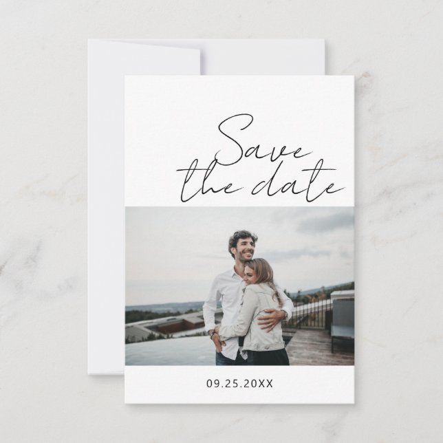 Modern Minimalist Script Photo Save The Date Card (Front)