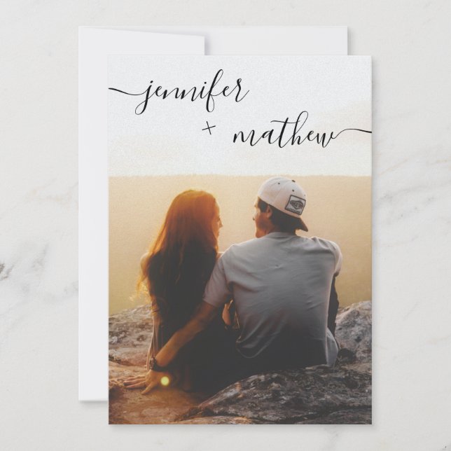Modern minimalist script photos wedding invitation (Front)