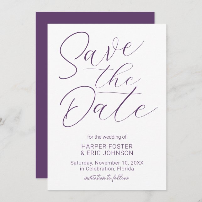 Modern Minimalist Script Purple Save the Date Announcement (Front/Back)