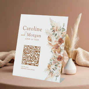 Modern Minimalist Script QR Code Wedding Seating Pedestal Sign