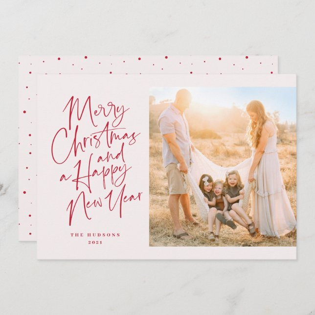 Modern Minimalist Script Red and Pink Holiday Card (Front/Back)