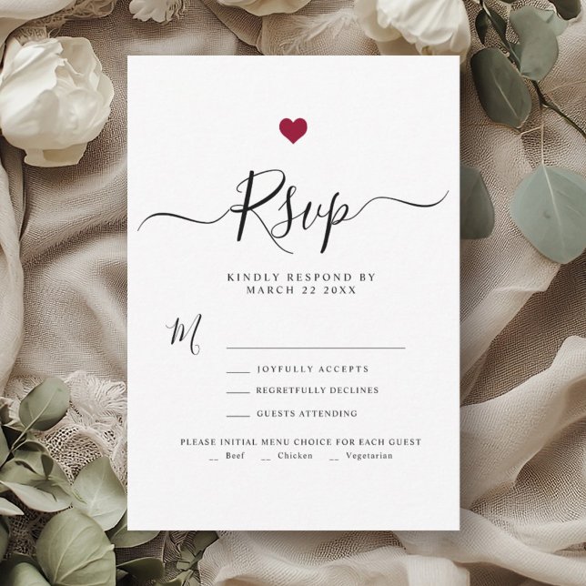 Modern Minimalist Script Red Heart Wedding RSVP (Creator Uploaded)