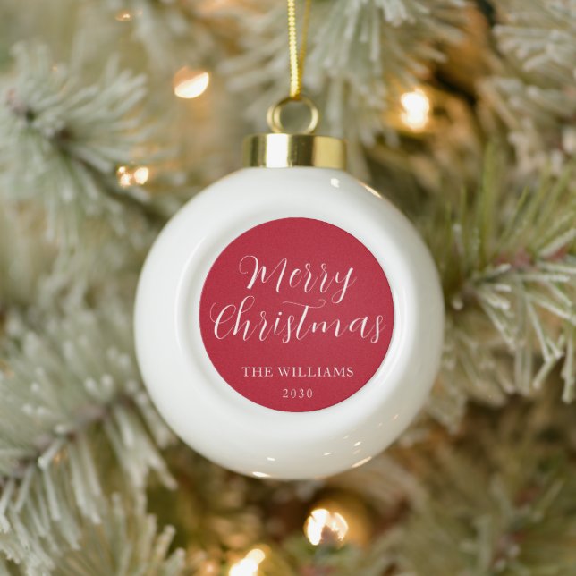 Modern Minimalist Script Red Merry Christmas  Ceramic Ball Christmas Ornament (Tree)