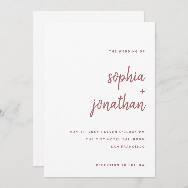 Modern Minimalist Script Rose Pink | Wedding Invitation (Front/Back)