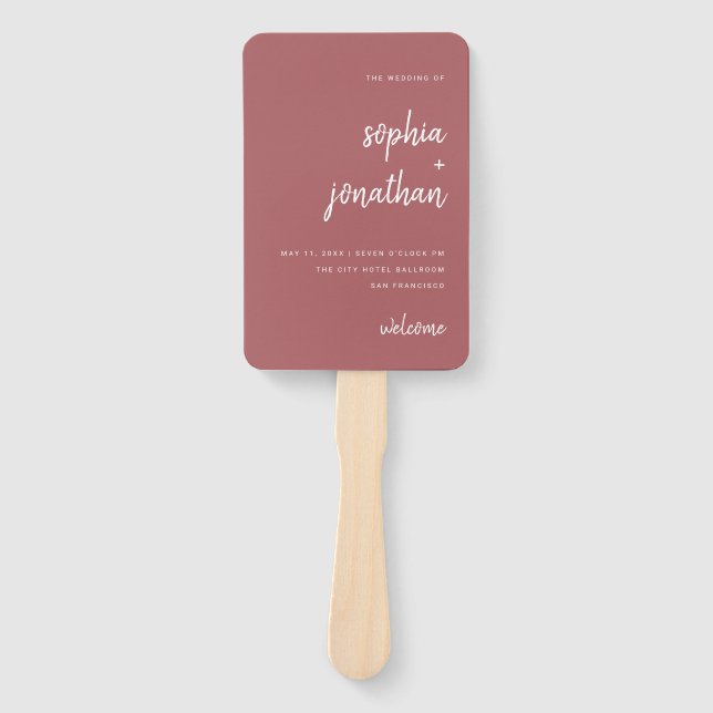 Modern Minimalist Script Terra Rosa | Wedding Hand Fan (Front)