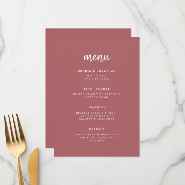 Modern Minimalist Script | Terra Rosa Wedding Menu (Front/Back In Situ)