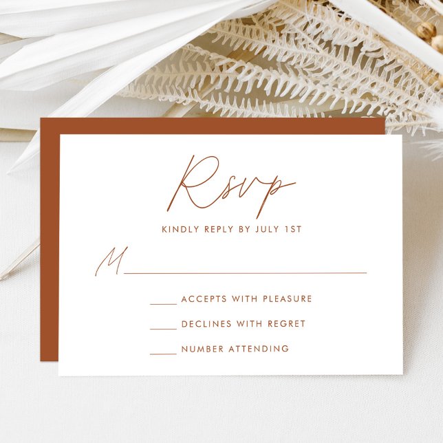 Modern Minimalist Script Terracotta Wedding RSVP Card (Creator Uploaded)
