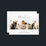 Modern Minimalist Script Wedding Photo Thank You Card<br><div class="desc">Modern minimalist script 3 photo,  wedding thank you card. Features,  3 square photo spaces on front,  dark grey colour graphic "Thank You",  heart accent,  template text lines in matching grey for your names and personalised message.</div>