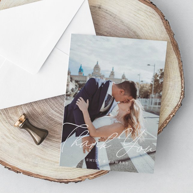 Modern Minimalist Script Wedding Photo Thank You Card (Creator Uploaded)