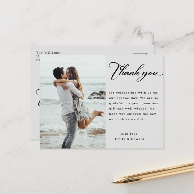 Modern Minimalist Script Wedding Photo Thank You Postcard (Front/Back In Situ)