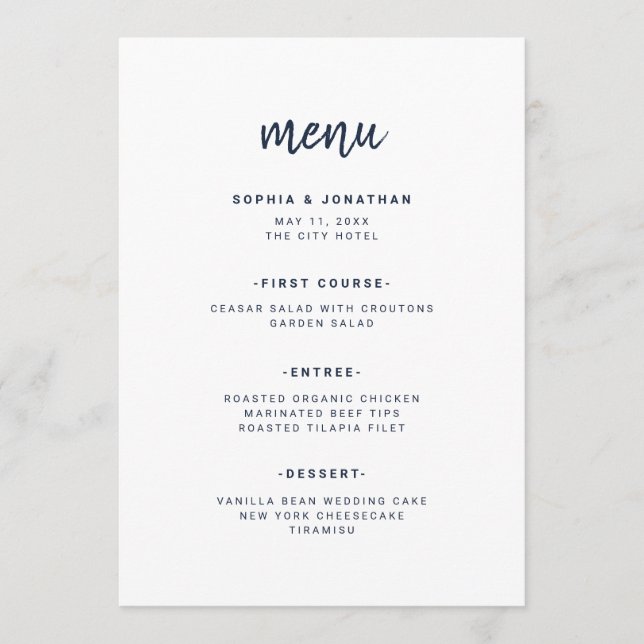 Modern Minimalist Script White and Navy | Wedding Menu (Front)