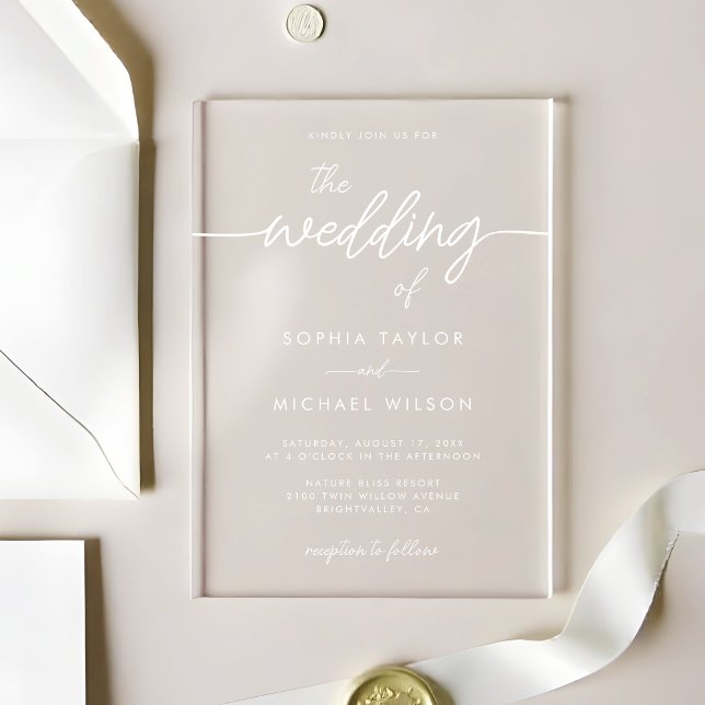 Modern Minimalist Script White Wedding Acrylic Invitations (Creator Uploaded)
