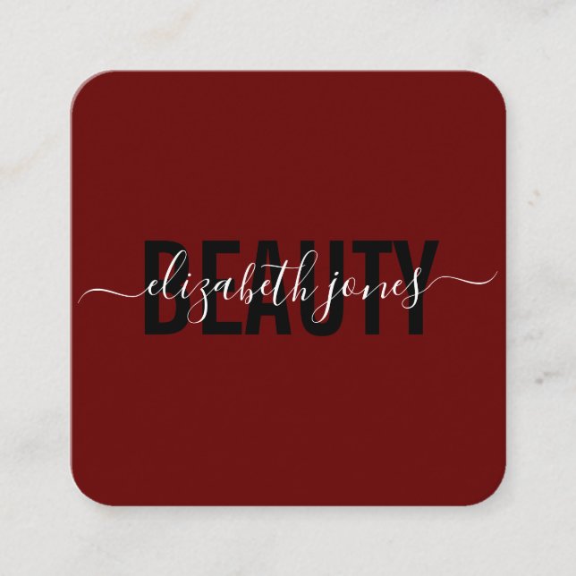 Modern Minimalist Signature Burgundy and White Square Business Card (Front)
