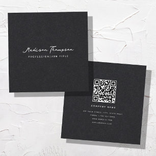 Modern Minimalist Signature Script QR Code Black Square Business Card